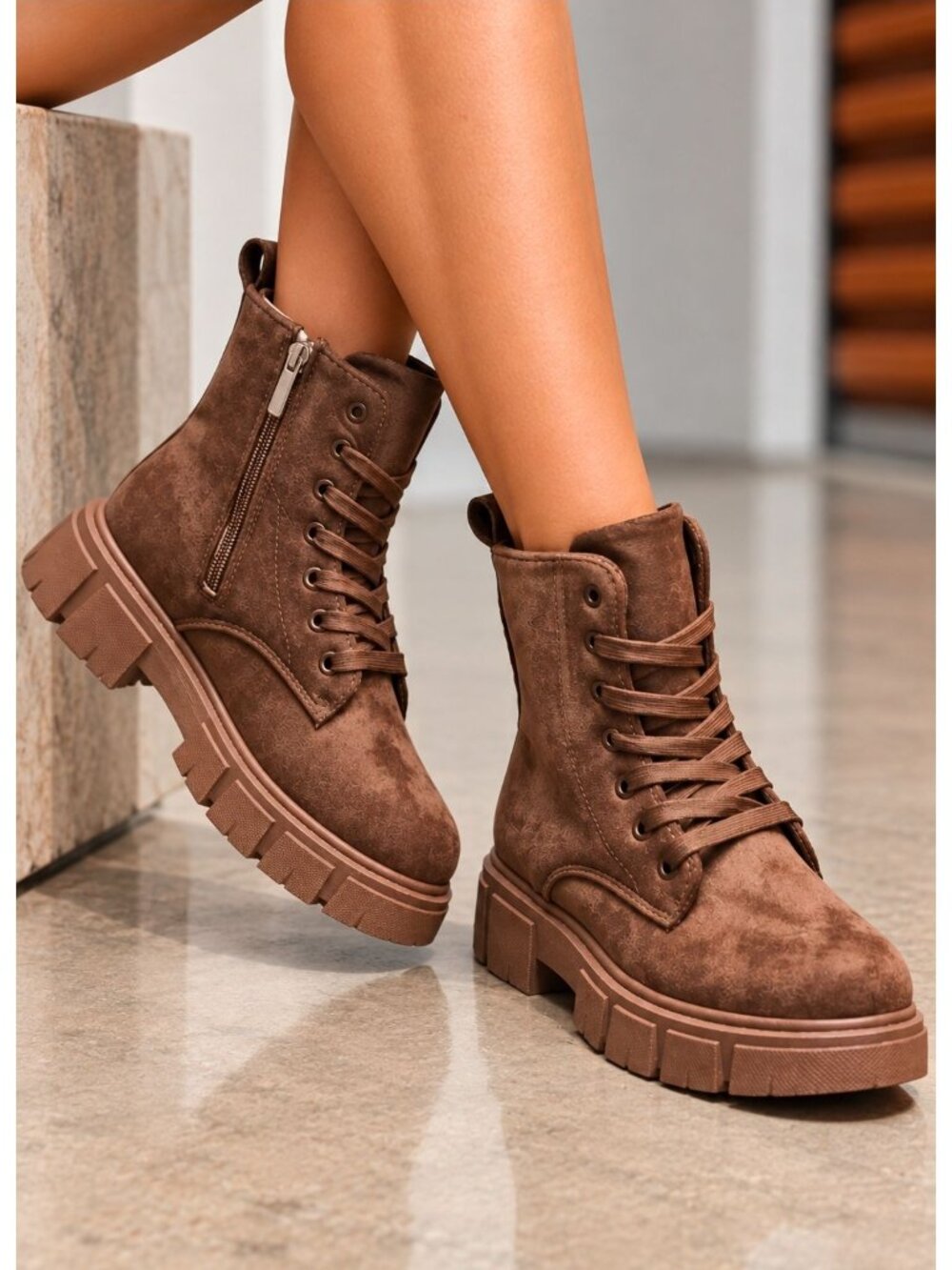 Brown Faux Suede Lace-Up Combat Boots With Chunky Sole & Side Zipper Stylish & D